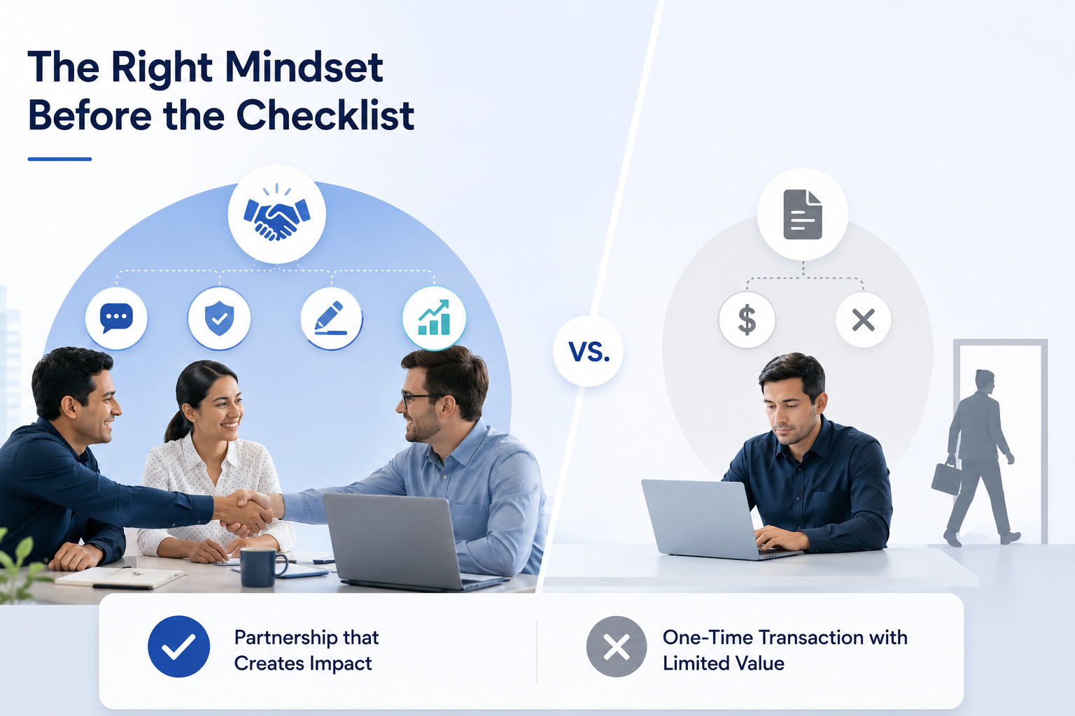 eLearning vendor selection mindset comparing long-term partnership with one-time transactional content delivery.