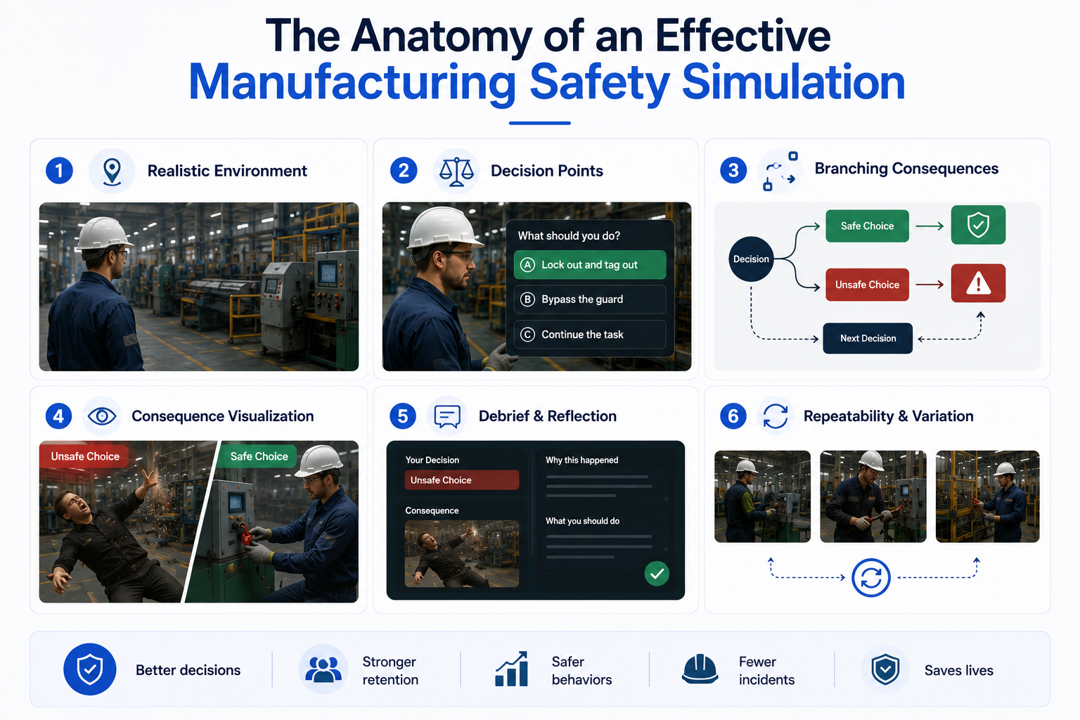 Manufacturing safety simulation infographic showing scenarios, decision points, consequences, and debriefs. This aligns with the blog’s focus on scenario-based safety training that builds real-world worker decision-making.