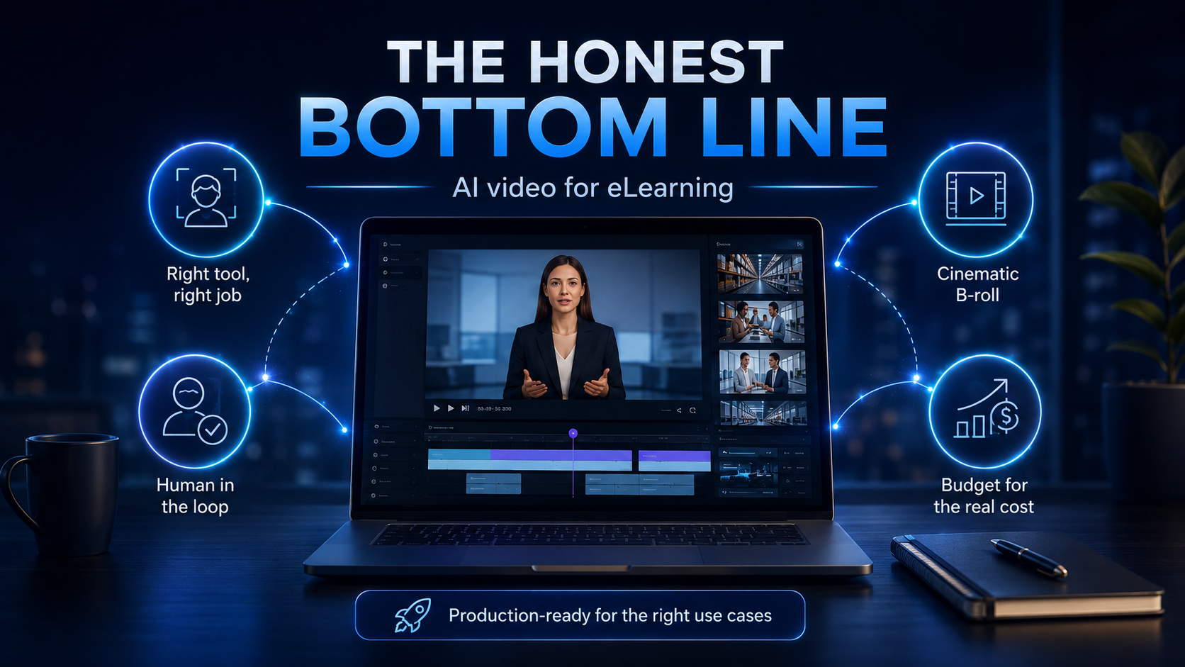 AI video editor with avatar, B-roll, cost planning, and human review for E-learning production
